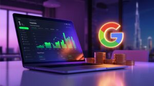 لابتوب حديث يعرض لوحة تحكم متجر إلكتروني مع رسوم بيانية خضراء صاعدة، وبجانبه شعار جوجل ثلاثي الأبعاد وقطع نقدية ذهبية تدل على الربح، في جو مكتبي عصري بالرياض